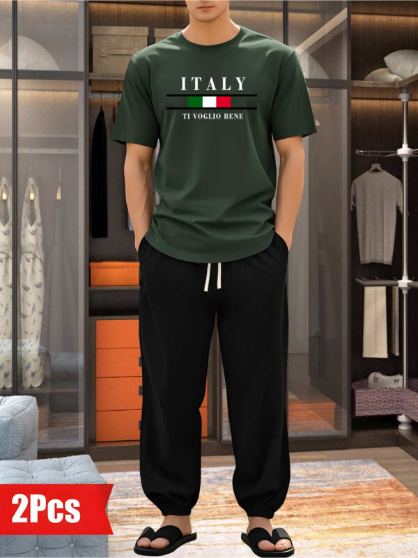 Polyester 100% Casual Men'S Home Sleepwear Pajama Sets, Short Sleeve Crew Neck, Fashion Long Sleep Pants, Relaxed Fit, Slight Stretch, Knit Fabric, with Pocket, for Spring, Summer, Fall - Image 2