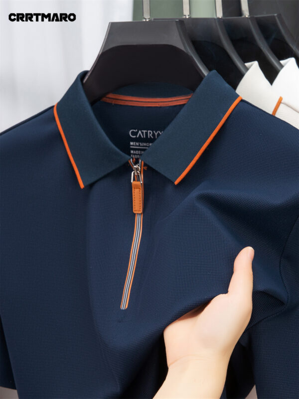 CRRTMARO Men'S Summer Casual Short Sleeve Polo Shirt - White with Brown Trim, Button-Up Collar, Loose Fit, Lightweight & Breathable for Casual Attire, Breathable Fabric, Stylish Button Details - Image 3