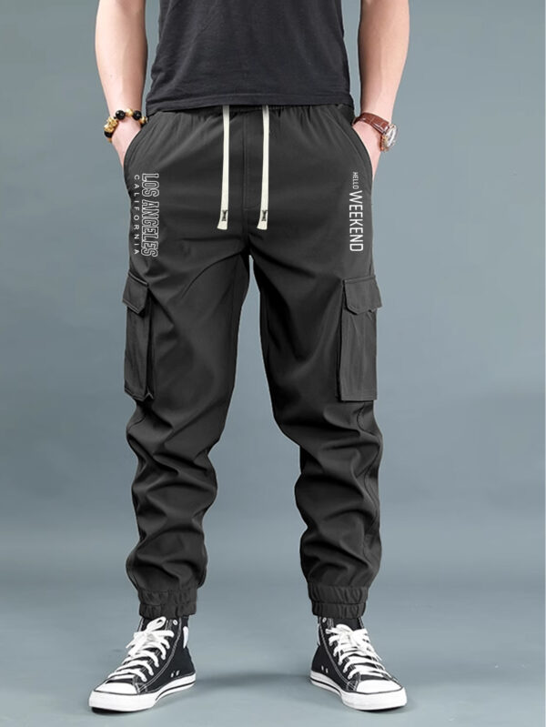 Men'S Casual Cargo Pants with "WEEKEND" Print - Loose Fit, Multiple Flap Pockets, Drawstring Waist, Geometric Pattern, All-Season Comfort, Casual Attire|Geometric Print Pants|Adjustable Waistband - Image 3