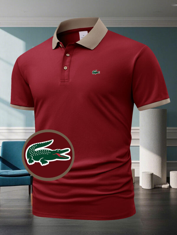Men'S Casual Athletic Short Sleeve Polo Shirt with Crocodile Print - Red with Beige Collar, Button-Up, Summer Sportswear for Golf, Tennis, Gym, Running Training, Athletic Wear | Casual Style | Stretchy Fabric