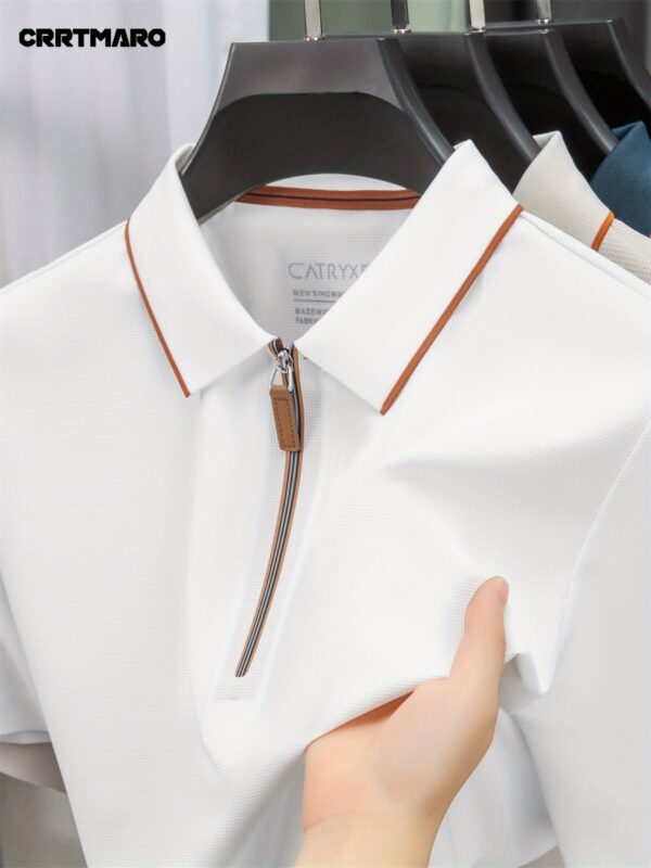 CRRTMARO Men'S Summer Casual Short Sleeve Polo Shirt - White with Brown Trim, Button-Up Collar, Loose Fit, Lightweight & Breathable for Casual Attire, Breathable Fabric, Stylish Button Details