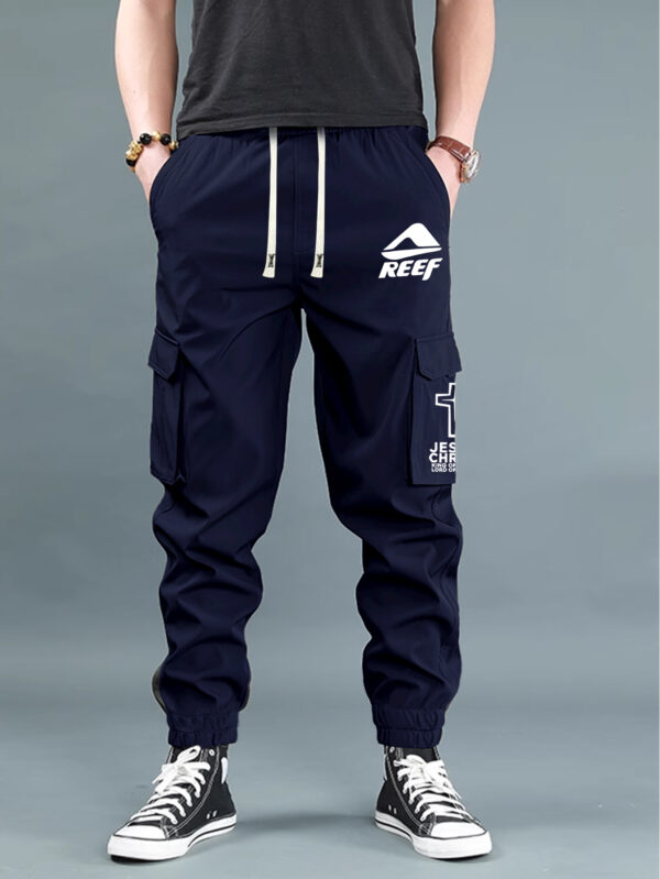 Men'S Casual Cargo Pants with "REEF" Logo - Black, Multiple Flap Pockets, Drawstring Waist, All-Season Comfort, Sporty Street Style, Casual Wear | Trendy Casualwear | Adjustable Waist Pants - Image 2