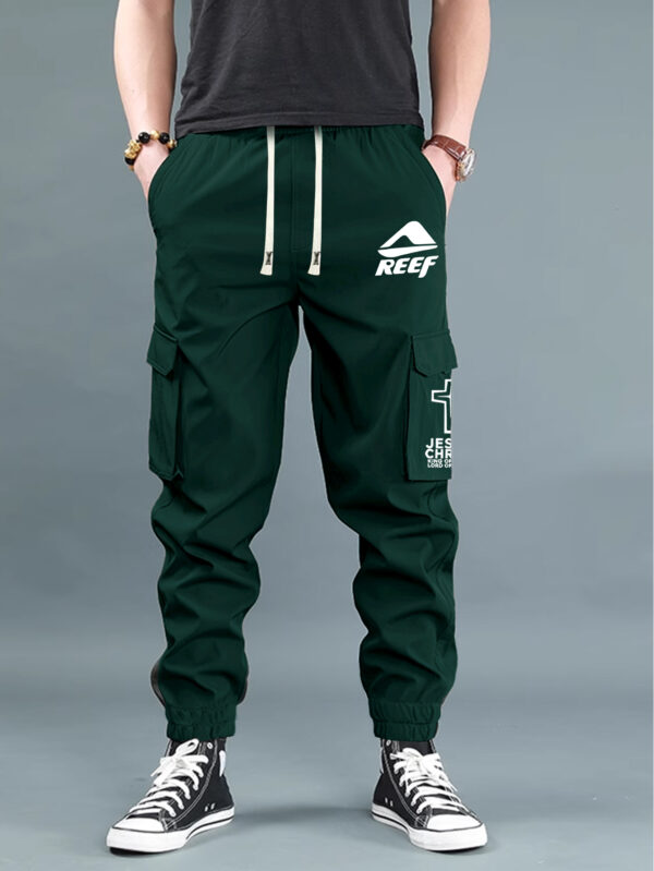 Men'S Casual Cargo Pants with "REEF" Logo - Black, Multiple Flap Pockets, Drawstring Waist, All-Season Comfort, Sporty Street Style, Casual Wear | Trendy Casualwear | Adjustable Waist Pants - Image 5