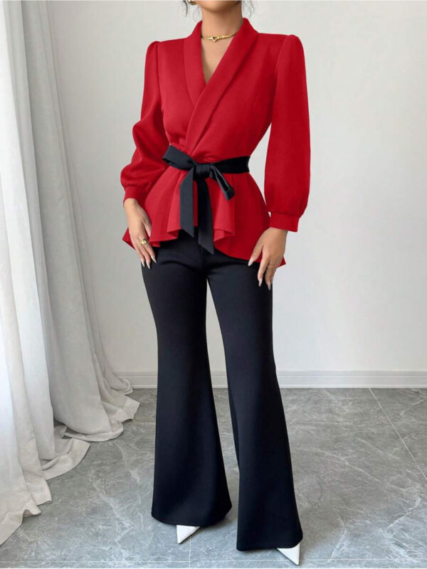 2pcs Women's Long Sleeve V-Neck Color Block Bow Wrap Jacket + Solid Slim Fit Flare Pants Set - Image 4