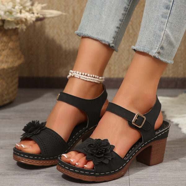 Women's Thick Heel Sandals, Open Toe with Buckle and Thick Sole, Solid Color Artificial Covered Upper, Women's Floral Sandals - Image 33