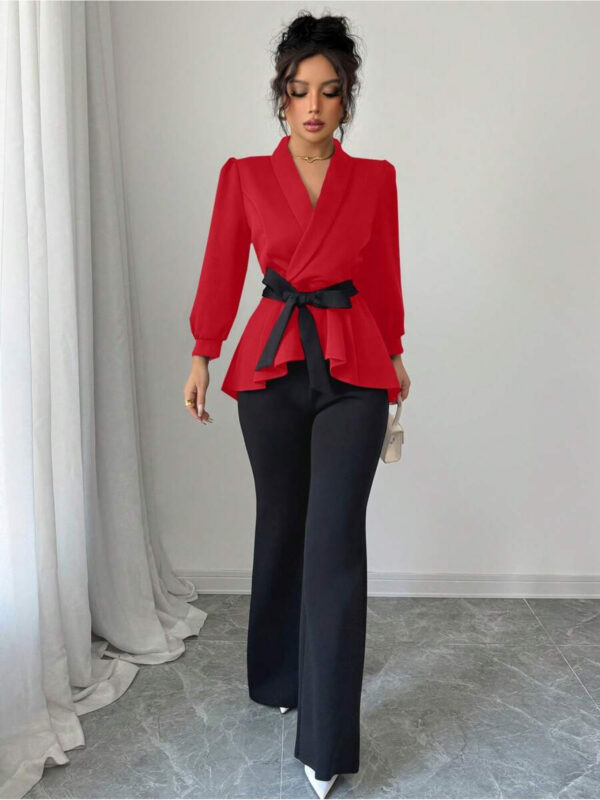 2pcs Women's Long Sleeve V-Neck Color Block Bow Wrap Jacket + Solid Slim Fit Flare Pants Set - Image 6