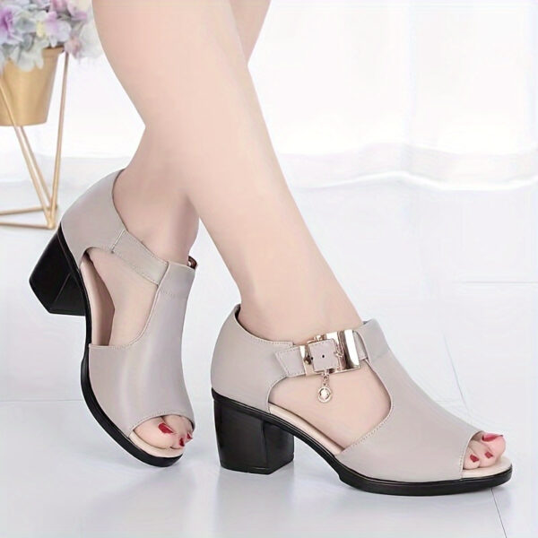 Elegant Women's Open-Toe Chunky Heel Sandals - Black Synthetic Cover with Golden Buckle Strap, Mid-Heel Comfort, Breathable Cut-Out Design & Cushioned Insole for Summer Casual & Formal Occasions, Comfortable Midheels | Durable Rubber Sole - Image 3