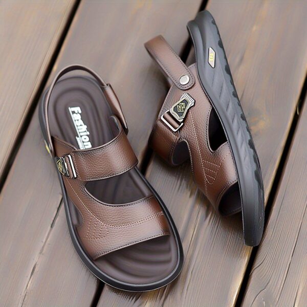 Men's Breathable Top-Grain Leather Casual Sandals with Non-Slip PU Outsole & Comfortable PU Lining - Slip-On Design for Daily Wear & Outdoor Sports - Image 4