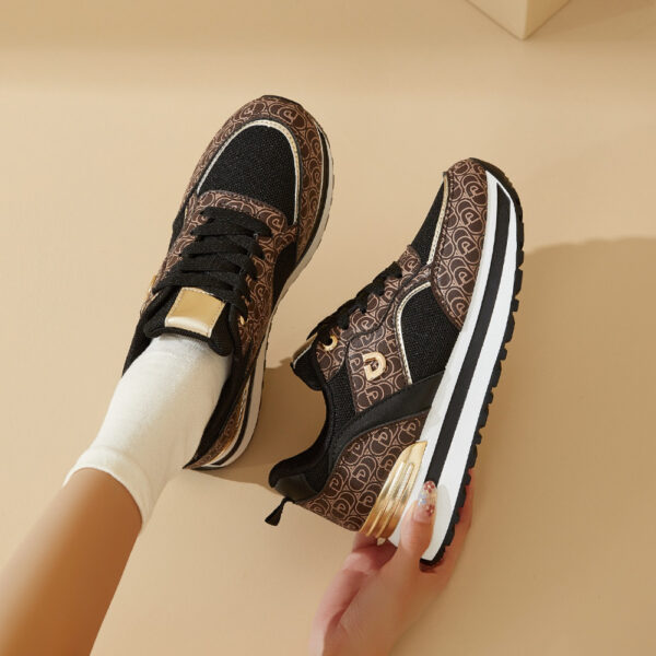 Dési Women's Low-Top Lace-Up Sneakers - Black & Golden Geometric Pattern Design, Breathable Fabric & PU Cover Upper, Cushioned PVC Sole for All-Season Comfort, Casual Running Shoes for Casual Attire - Image 2
