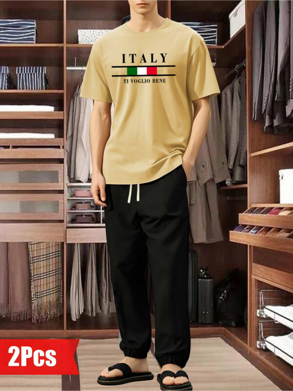 Polyester 100% Casual Men'S Home Sleepwear Pajama Sets, Short Sleeve Crew Neck, Fashion Long Sleep Pants, Relaxed Fit, Slight Stretch, Knit Fabric, with Pocket, for Spring, Summer, Fall - Image 3