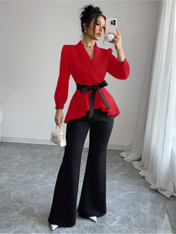 2pcs Women's Long Sleeve V-Neck Color Block Bow Wrap Jacket + Solid Slim Fit Flare Pants Set - Image 10