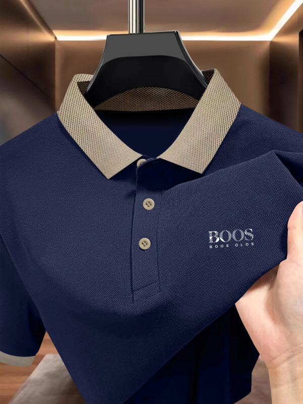 Men'S Summer Contrast Collar Polo Shirt - "BOOS" Print, Lightweight Breathable Fabric, Casual Short Sleeve Top for Casual Attire, Stylish Button-Up Design, Quality Craftsmanship