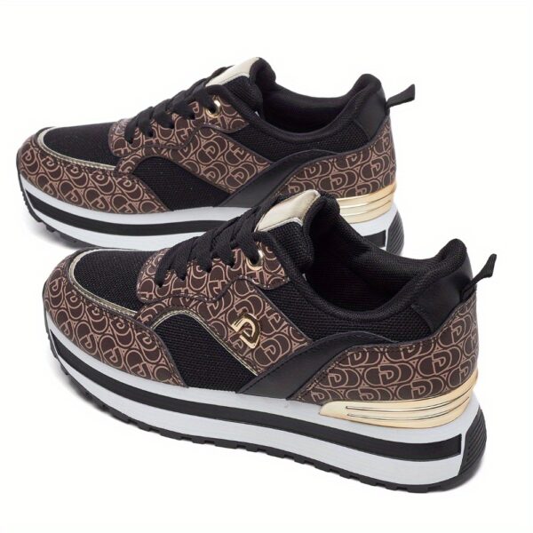 Dési Women's Low-Top Lace-Up Sneakers - Black & Golden Geometric Pattern Design, Breathable Fabric & PU Cover Upper, Cushioned PVC Sole for All-Season Comfort, Casual Running Shoes for Casual Attire - Image 5