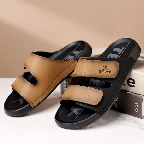 Men's Slip-On Beach Slippers with Thick Cushioned Sole - Upper & Rubber Outsole, Adjustable Hook-and-Loop Straps, Brown/Black Colorway for Indoor Outdoor Summer Casual Wear, Simple Slipon Design | Durable Traction Footwear, Beach Shoes - Image 10