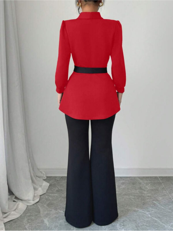2pcs Women's Long Sleeve V-Neck Color Block Bow Wrap Jacket + Solid Slim Fit Flare Pants Set - Image 2