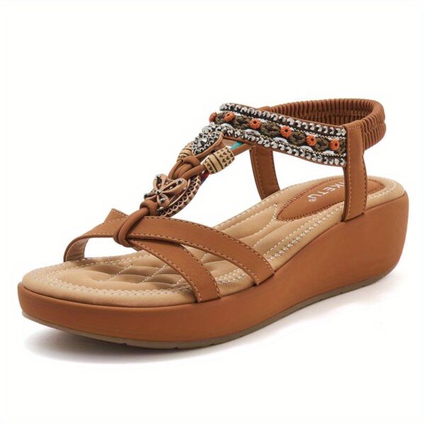 2025 Rhinestone Embellished Women's Beach Sandals - Wide Width Slip-On Open-Toe Mid Wedge Heel with Adjustable Ankle Straps, Casual Summer Shoes for Women, Synthetic Cover & Rubber Sole, Chunky Heel Sandals, Comfortable Footwear, Durable Sole Construction - Image 9