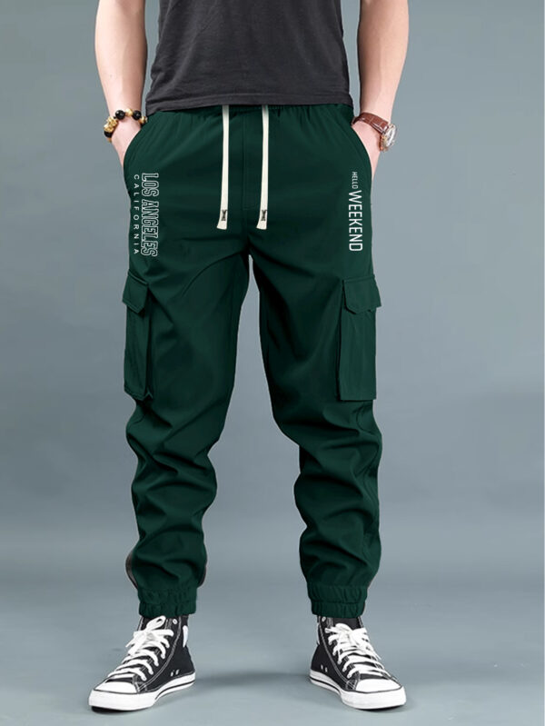 Men'S Casual Cargo Pants with "WEEKEND" Print - Loose Fit, Multiple Flap Pockets, Drawstring Waist, Geometric Pattern, All-Season Comfort, Casual Attire|Geometric Print Pants|Adjustable Waistband - Image 5