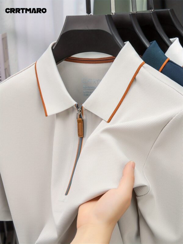 CRRTMARO Men'S Summer Casual Short Sleeve Polo Shirt - White with Brown Trim, Button-Up Collar, Loose Fit, Lightweight & Breathable for Casual Attire, Breathable Fabric, Stylish Button Details - Image 4