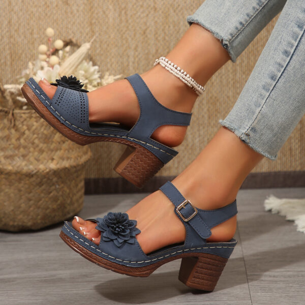 Women's Thick Heel Sandals, Open Toe with Buckle and Thick Sole, Solid Color Artificial Covered Upper, Women's Floral Sandals - Image 8