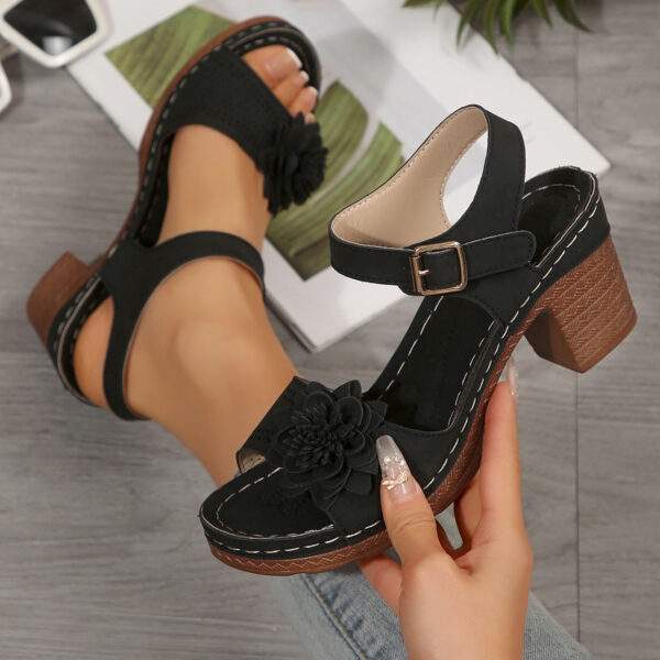 Women's Thick Heel Sandals, Open Toe with Buckle and Thick Sole, Solid Color Artificial Covered Upper, Women's Floral Sandals - Image 24