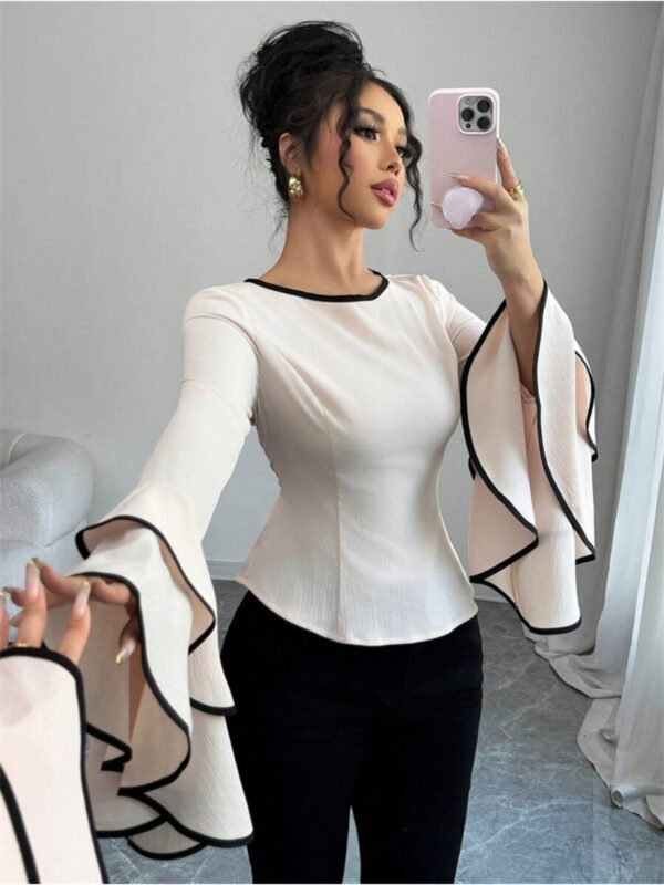 Women's Elegant Round Neck Blouse with Bell Sleeves & Color-Blocked Trim - Lightweight Spring/Summer Top, Machine Washable, Bodycon Fit, YY0302157, Casual Wear, Feminine Style, Durable Top, Trendy Shirt, Fashion Lovers - Image 3