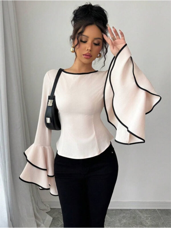 Women's Elegant Round Neck Blouse with Bell Sleeves & Color-Blocked Trim - Lightweight Spring/Summer Top, Machine Washable, Bodycon Fit, YY0302157, Casual Wear, Feminine Style, Durable Top, Trendy Shirt, Fashion Lovers - Image 4
