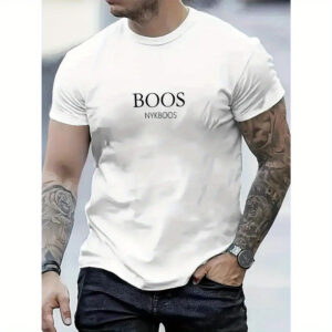 تي شيرت رجالي عارض بياقة طاقمية مع طباعة "BOOS" - مريح بأكمام قصيرة، نسيج بوليستر مسامي، مثالي للصيف والفصول الأربعة، تي شيرت يومي | تي شيرت أنيق بحروف | مريح وجميل