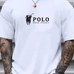 تي شيرت كاجوال للرجال "POLO SPORT" - أكمام قصيرة، أبيض، أسلوب شارعي، نمط هندسي، رقبة مستديرة، ملاءمة عادية، ملابس كاجوال | ملابس رياضية كاجوال | ملاءمة مريحة