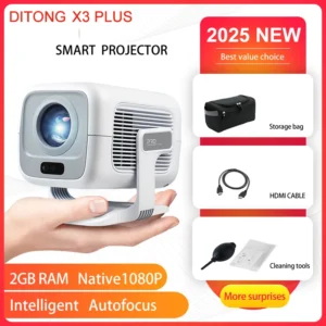 جهاز عرض DITONG X3Plus عالي الدقة أصلي 1080P يدعم 4K WIFI6 BT5.4 جهاز عرض أندرويد التركيز التلقائي جهاز عرض المسرح المنزلي