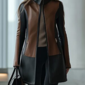 أناقة عصرية بلمسة ريترو: جاكيت جلد صناعي بقصة ضيقة وتصميم بلوكات الألوان