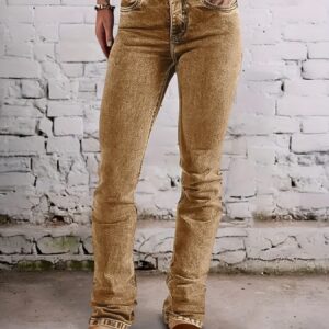 بنطلون جينز نسائي سكيني بخصر عالٍ - لون بيج/بني فاتح بتصميم عتيق وحواف ممزقة