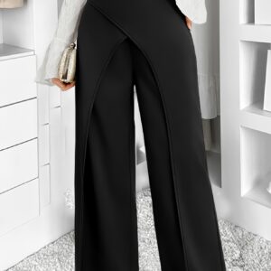 بنطلون نسائي أسود بخصر عالٍ وساق واسعة - أناقة عملية لمواسم البرد