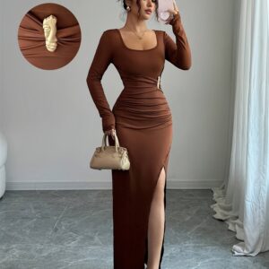 فستان سهرة نسائي أنيق بأكمام طويلة وياقة مربعة - أناقة ساحرة لجميع المواسم