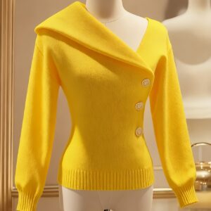 دفء وأناقة لا تضاهى: كارديجان نسائي فاخر باللون الأصفر الخردلي لمواسم الخريف والشتاء