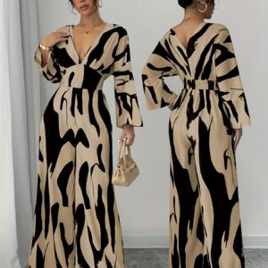 جامبسوت نسائي فاخر: أناقة عصرية بنقشة بيج وأسود وحزام خصر جذاب