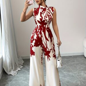 جمبسوت نسائي أنيق بطبعة زهور حمراء وبيضاء - تصميم برقبة عالية، أرجل واسعة، ورباط مع فيونكة للمناسبات الصيفية والعطلات