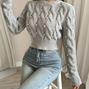 جاكيت كارديجان قصير بأزرار لؤلؤية - أناقة عصرية لكل المواسم بلون رمادي فاتح