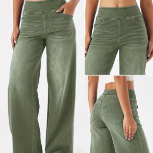 بنطال جينز نسائي واسع الساق بخصر عالٍ باللون الزيتي: أناقة عصرية ومظهر رشيق لكل المناسبات