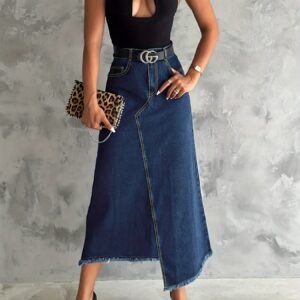 تنورة ماكسي نسائية أنيقة بمظهر الدنيم الفاخر – إطلالة متكاملة لكل مناسباتك!