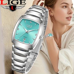 ساعة LIGE النسائية الأنيقة: قرص مربع بلمسة فيروزية وسوار فولاذي فاخر