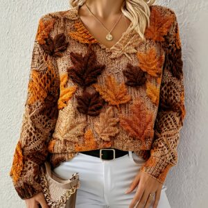 كنزة نسائية بوهيمية أنيقة: تصميم V-رقبة وطبعة أوراق القيقب لكل الفصول