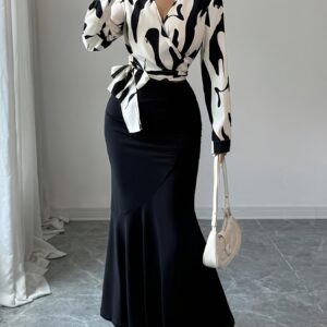 طقم الأناقة الفنية: بلوزة بأزرار وتنورة ذيل السمكة بطبعة مميزة