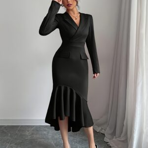 أناقة لا مثيل لها: فستان أسود أنيق برقبة V وأكمام طويلة لجميع المواسم والمناسبات