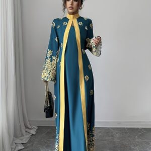 فستان ماكسي نسائي أنيق: سهرة فاخرة بتصميم زهري تركوازي وذهبي