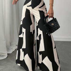 بنطال نسائي بخصر عالٍ وأرجل واسعة بطبعة هندسية: أناقة عصرية متعددة الاستخدامات