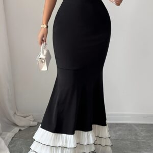 فستان سهرة نسائي طويل بتصميم حورية البحر الفاخر: تباين أنيق بالأسود والأبيض