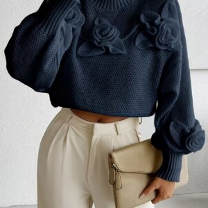 كنزة نسائية كحلية أنيقة برقبة عالية وتصميم كابل بأكمام منفوخة - أناقة متعددة الاستخدامات للربيع والخريف