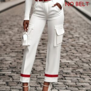 بنطلون نسائي أنيق بتصميم متباين الألوان (أبيض وأحمر) - قصة مستقيمة وعصرية لكل إطلالة