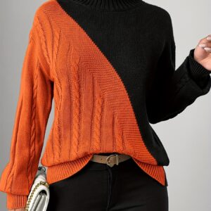 كنزة نسائية أنيقة بتصميم كتل الألوان وياقة ملتفة - دفء فائق وأناقة عصرية للخريف والشتاء