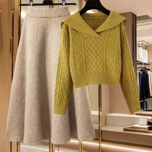 أناقة متكاملة لمواسم البرد: طقم سترة وتنورة نسائي راقٍ برقبة V وقصة A-line